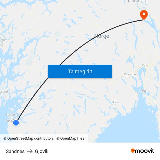 Sandnes to Gjøvik map