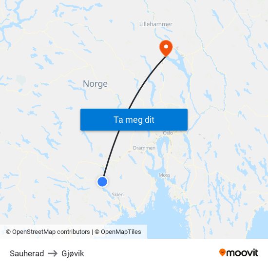 Sauherad to Gjøvik map