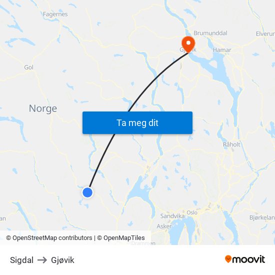 Sigdal to Gjøvik map