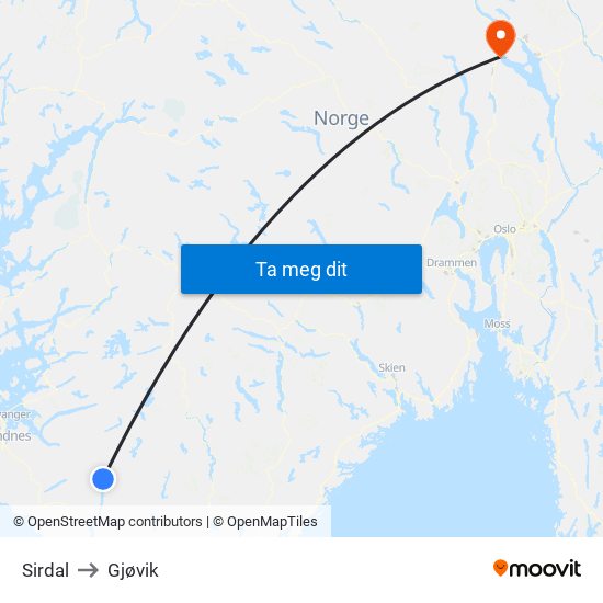 Sirdal to Gjøvik map