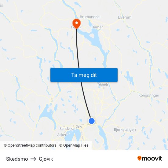 Skedsmo to Gjøvik map