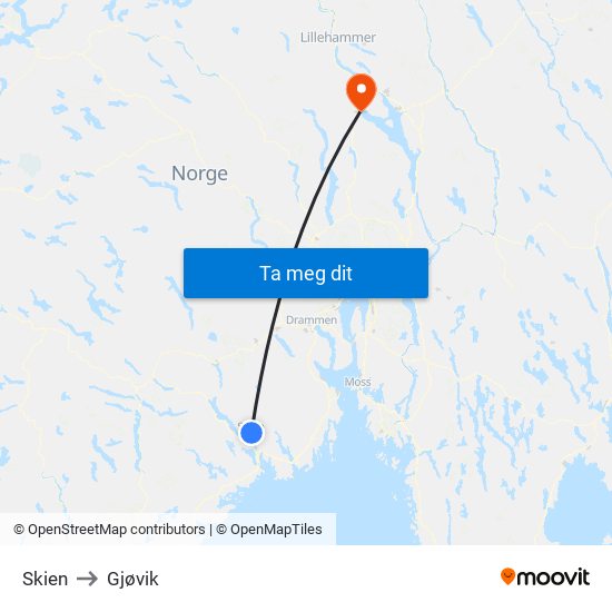 Skien to Gjøvik map