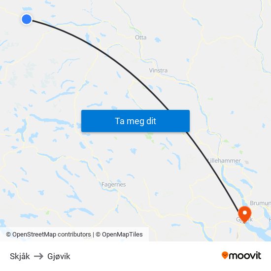Skjåk to Gjøvik map