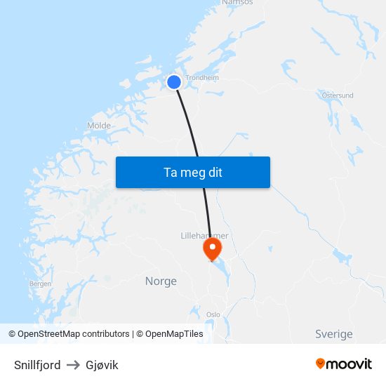 Snillfjord to Gjøvik map