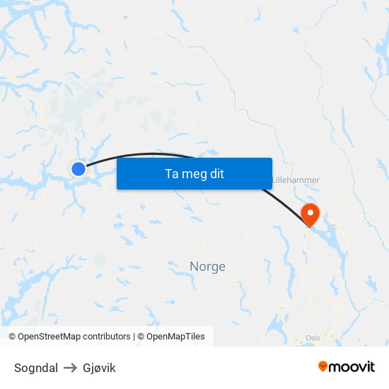 Sogndal to Gjøvik map