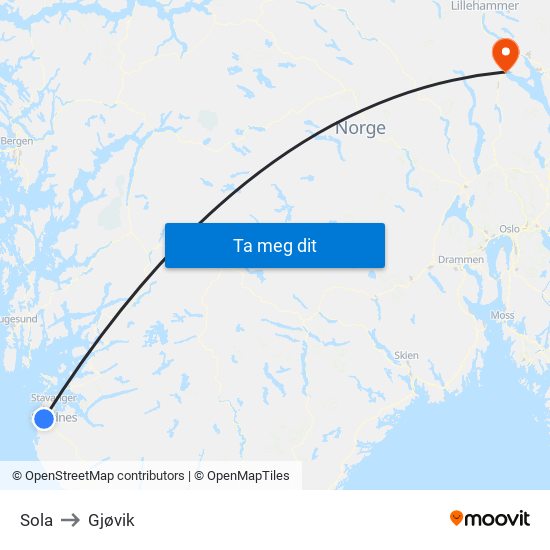 Sola to Gjøvik map