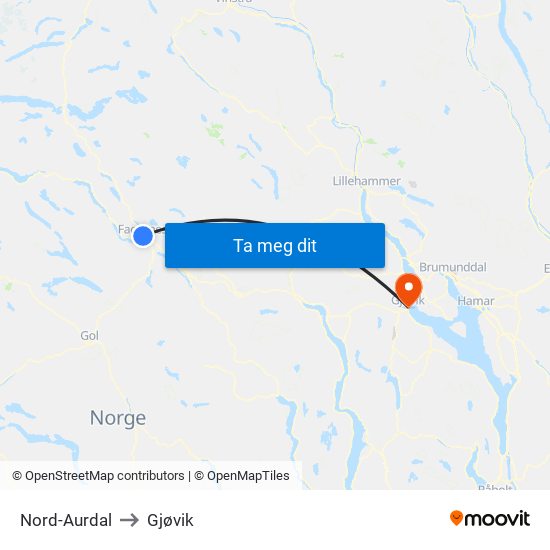 Nord-Aurdal to Gjøvik map