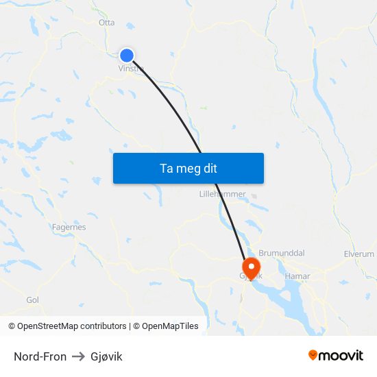 Nord-Fron to Gjøvik map