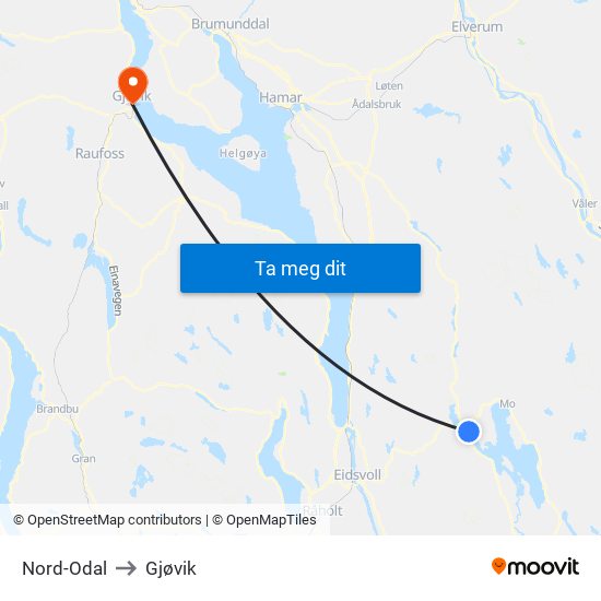 Nord-Odal to Gjøvik map