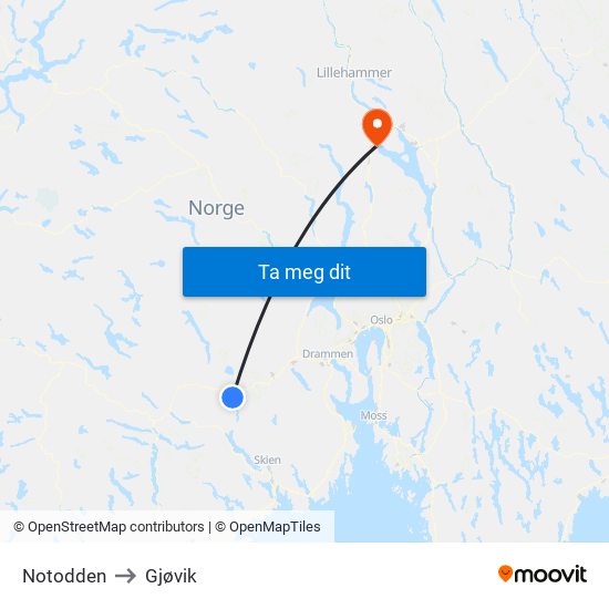 Notodden to Gjøvik map