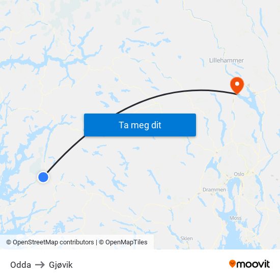 Odda to Gjøvik map