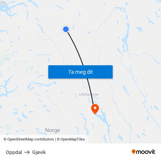 Oppdal to Gjøvik map