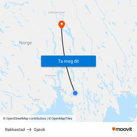 Rakkestad to Gjøvik map