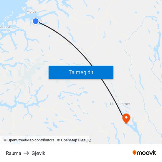 Rauma to Gjøvik map