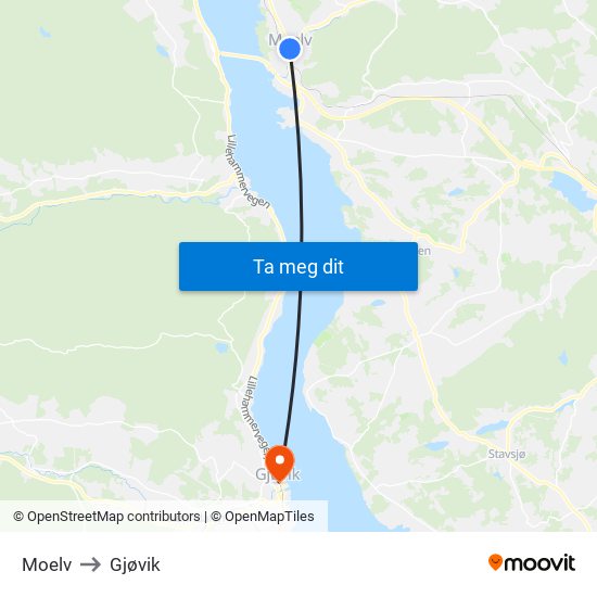 Moelv to Gjøvik map