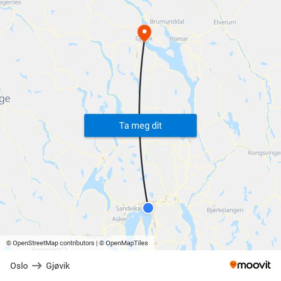 Oslo to Gjøvik map
