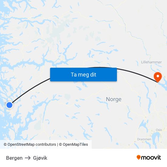 Bergen to Gjøvik map