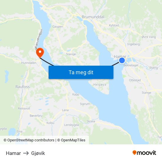 Hamar to Gjøvik map