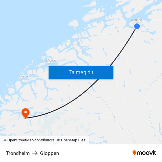 Trondheim to Gloppen map