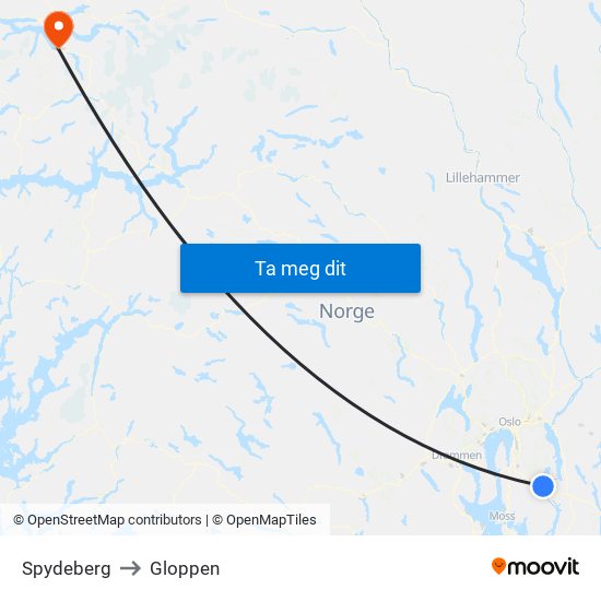 Spydeberg to Gloppen map