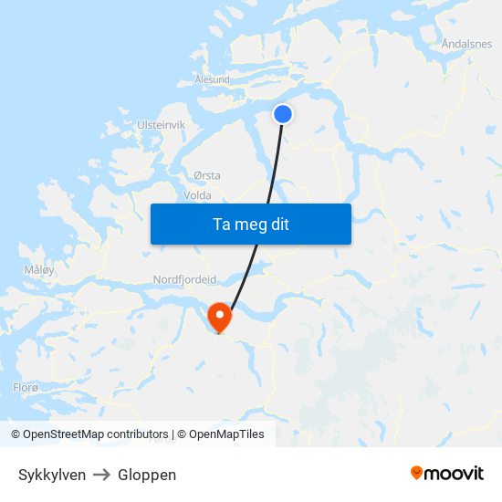 Sykkylven to Gloppen map