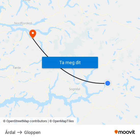 Årdal to Gloppen map