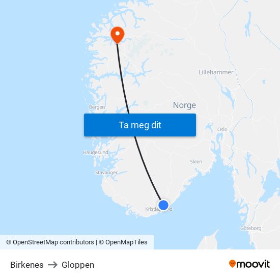 Birkenes to Gloppen map