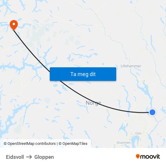 Eidsvoll to Gloppen map