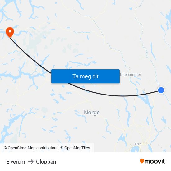 Elverum to Gloppen map