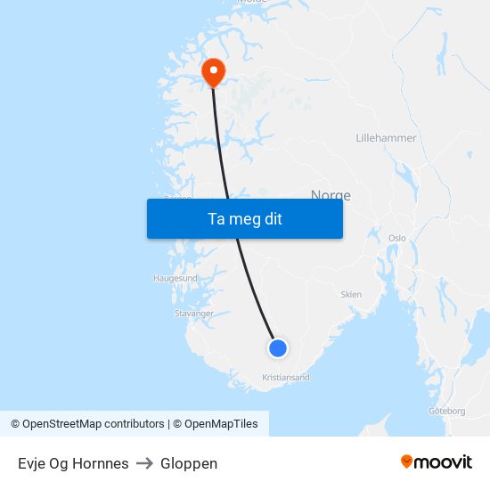 Evje Og Hornnes to Gloppen map