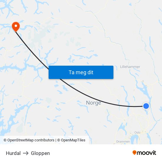 Hurdal to Gloppen map