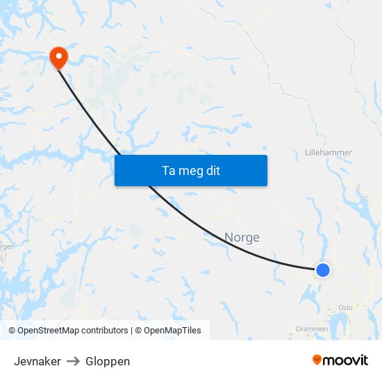 Jevnaker to Gloppen map