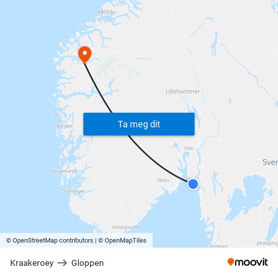 Kraakeroey to Gloppen map