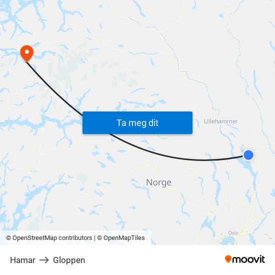 Hamar to Gloppen map
