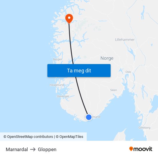 Marnardal to Gloppen map