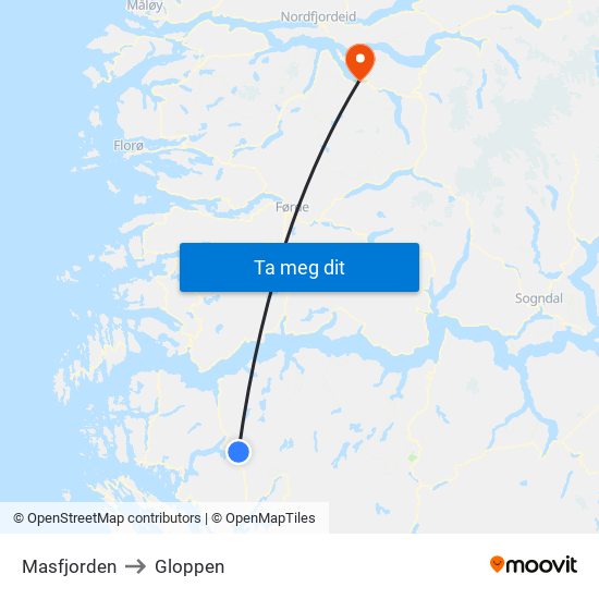 Masfjorden to Gloppen map