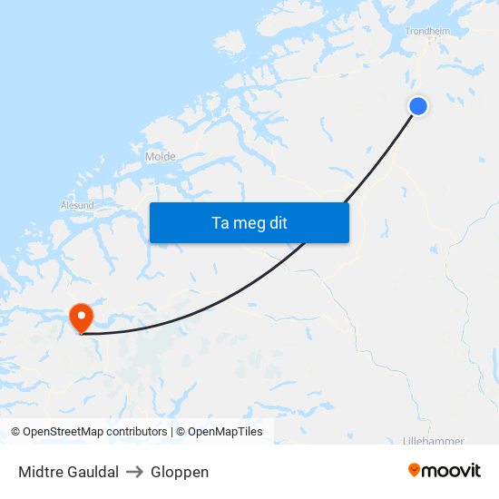 Midtre Gauldal to Gloppen map