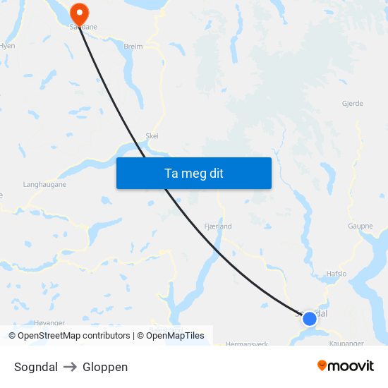 Sogndal to Gloppen map