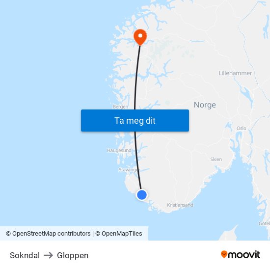 Sokndal to Gloppen map