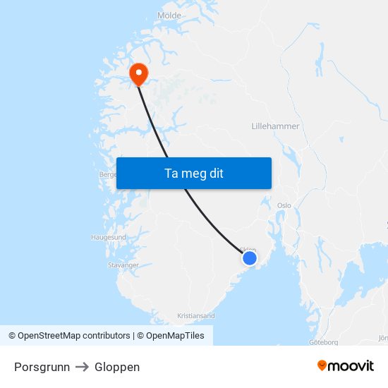 Porsgrunn to Gloppen map