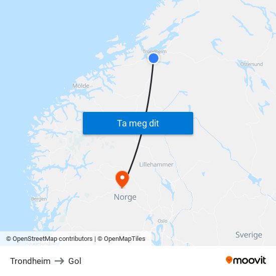 Trondheim to Gol map