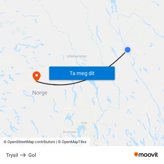 Trysil to Gol map