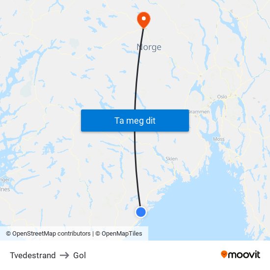 Tvedestrand to Gol map