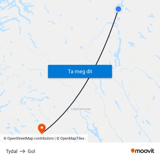 Tydal to Gol map