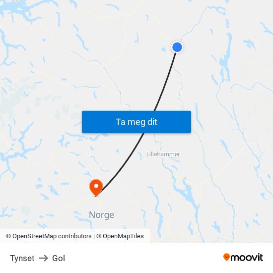 Tynset to Gol map