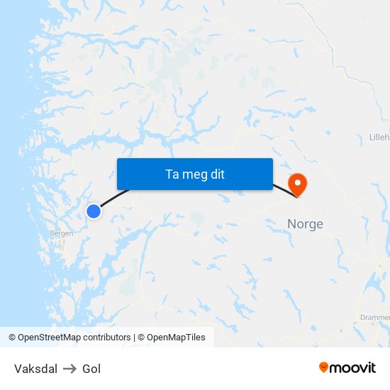 Vaksdal to Gol map