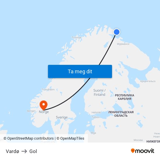 Vardø to Gol map