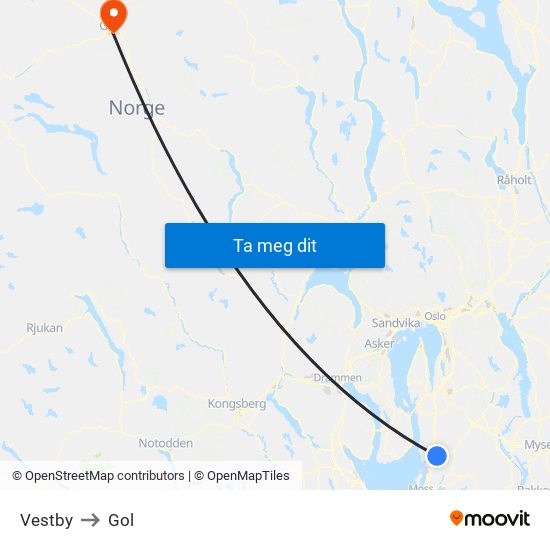 Vestby to Gol map
