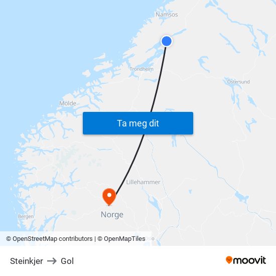 Steinkjer to Gol map