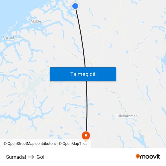 Surnadal to Gol map